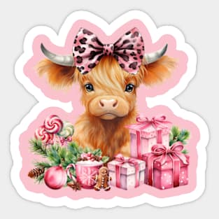 Highland baby cow pink presents bow leopard Sticker